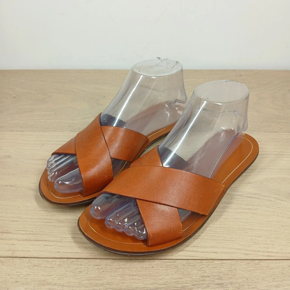 J.Crew Slide Sandals Womens 7 Cognac Brown Leather Crisscross Flat Shoes